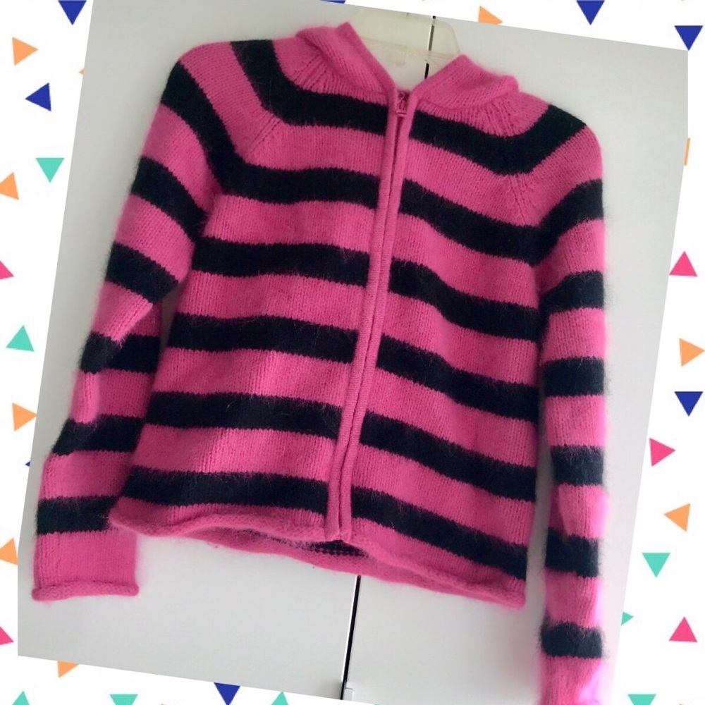 Girl’s Sweater size L Hoodie Pink and Black stripes Wool Blend Angora